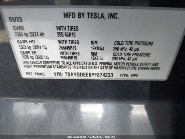 Photo 8 VIN: 7SAYGDEE6PF874233 - TESLA MODEL Y 