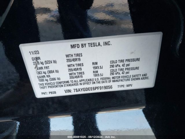 Photo 8 VIN: 7SAYGDEE6PF919056 - TESLA MODEL Y 