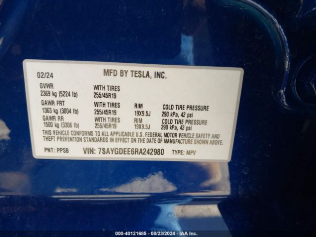 Photo 8 VIN: 7SAYGDEE6RA242980 - TESLA MODEL Y 