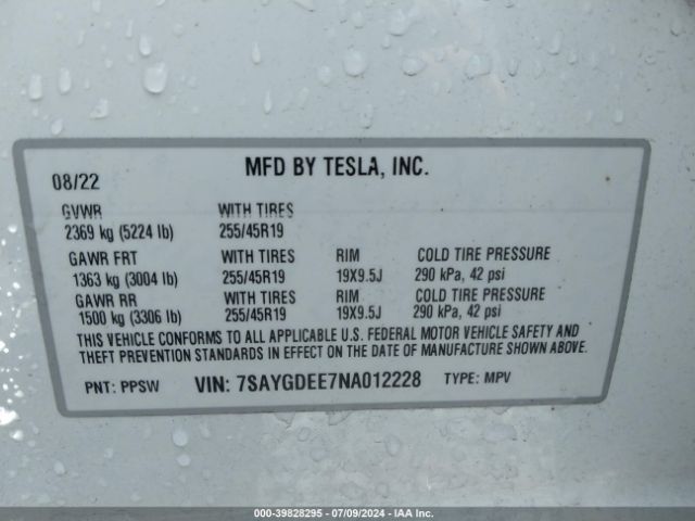 Photo 8 VIN: 7SAYGDEE7NA012228 - TESLA MODEL Y 