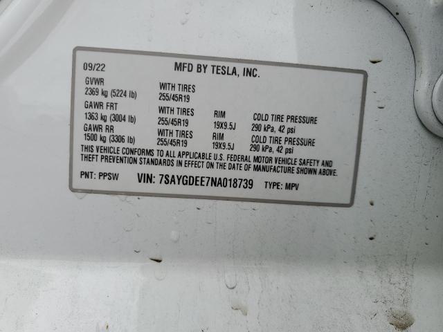 Photo 12 VIN: 7SAYGDEE7NA018739 - TESLA MODEL Y 