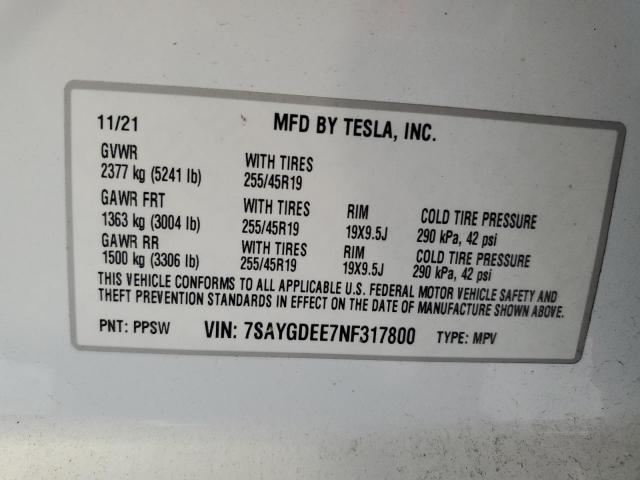 Photo 11 VIN: 7SAYGDEE7NF317800 - TESLA MODEL Y 