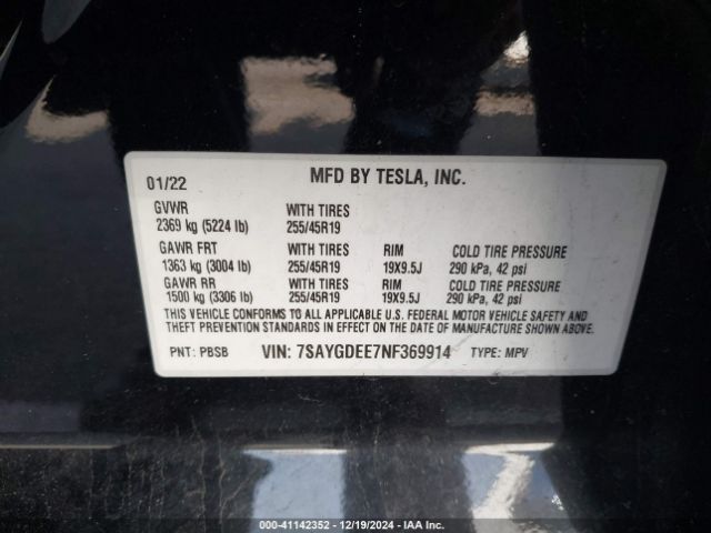 Photo 8 VIN: 7SAYGDEE7NF369914 - TESLA MODEL Y 