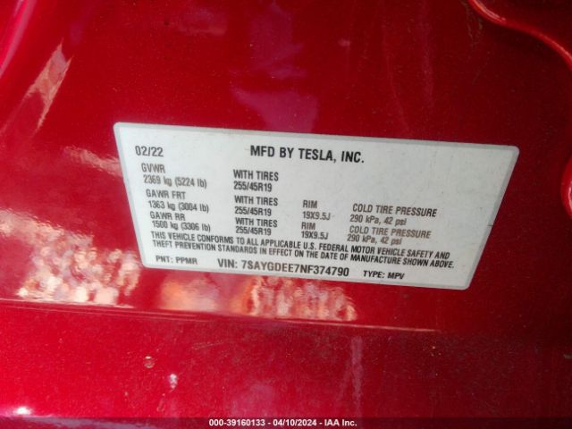 Photo 8 VIN: 7SAYGDEE7NF374790 - TESLA MODEL Y 