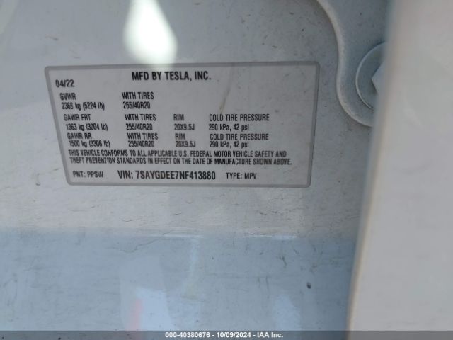 Photo 8 VIN: 7SAYGDEE7NF413880 - TESLA MODEL Y 