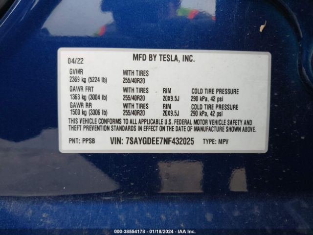 Photo 8 VIN: 7SAYGDEE7NF432025 - TESLA MODEL Y 