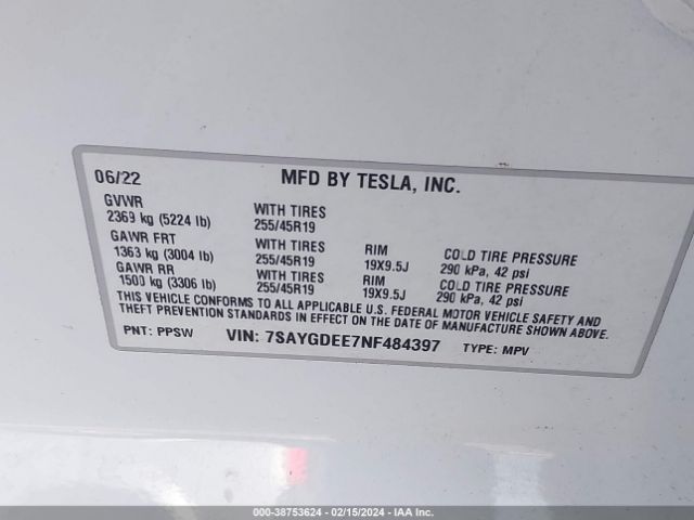 Photo 8 VIN: 7SAYGDEE7NF484397 - TESLA MODEL Y 