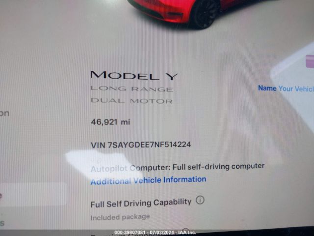 Photo 6 VIN: 7SAYGDEE7NF514224 - TESLA MODEL Y 