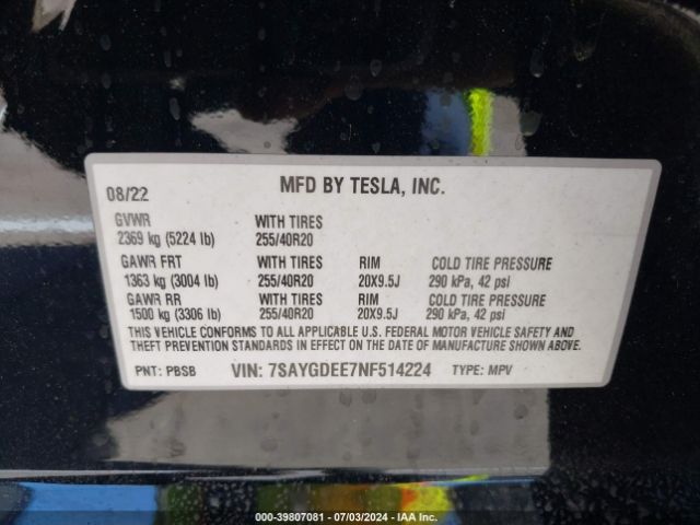 Photo 8 VIN: 7SAYGDEE7NF514224 - TESLA MODEL Y 