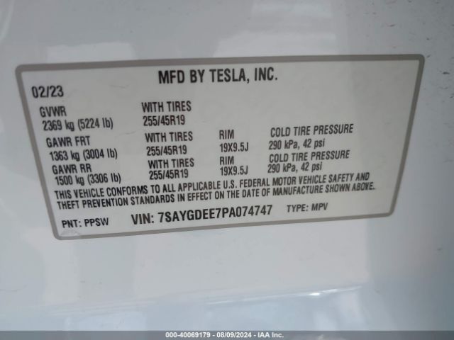 Photo 8 VIN: 7SAYGDEE7PA074747 - TESLA MODEL Y 