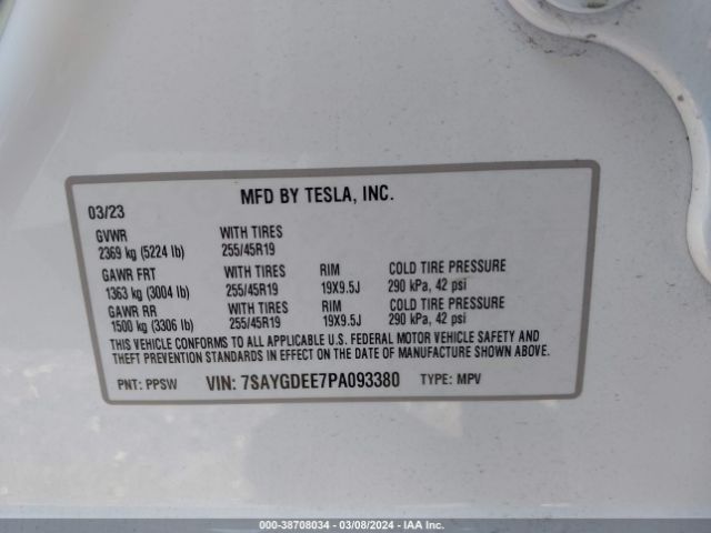 Photo 8 VIN: 7SAYGDEE7PA093380 - TESLA MODEL Y 