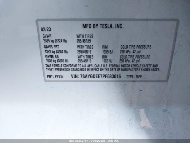 Photo 8 VIN: 7SAYGDEE7PF683016 - TESLA MODEL Y 