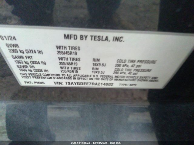 Photo 8 VIN: 7SAYGDEE7RA214802 - TESLA MODEL Y 