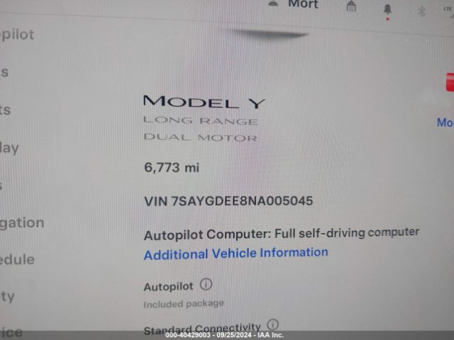 Photo 6 VIN: 7SAYGDEE8NA005045 - TESLA MODEL Y 