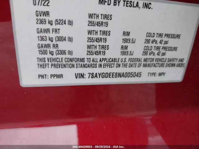 Photo 8 VIN: 7SAYGDEE8NA005045 - TESLA MODEL Y 