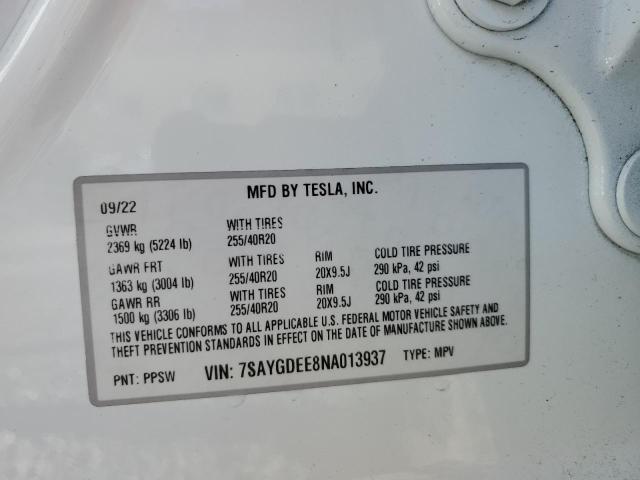 Photo 12 VIN: 7SAYGDEE8NA013937 - TESLA MODEL Y 