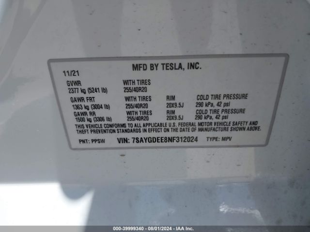 Photo 8 VIN: 7SAYGDEE8NF312024 - TESLA MODEL Y 