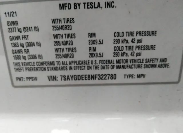 Photo 8 VIN: 7SAYGDEE8NF322780 - TESLA MODEL Y 