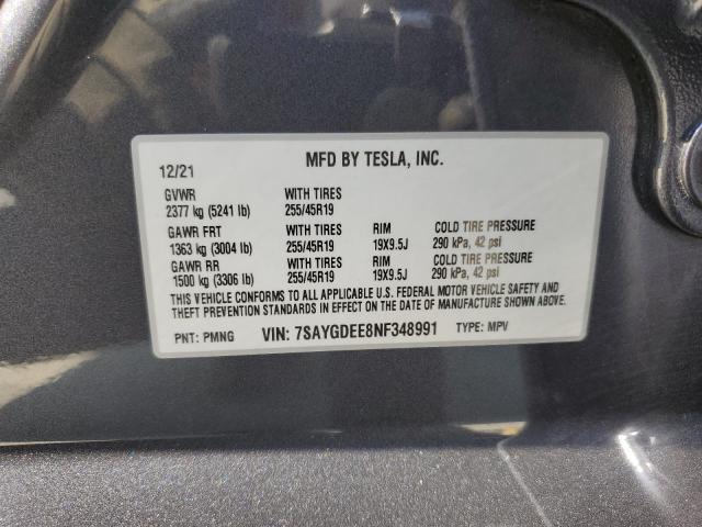 Photo 12 VIN: 7SAYGDEE8NF348991 - TESLA MODEL Y 