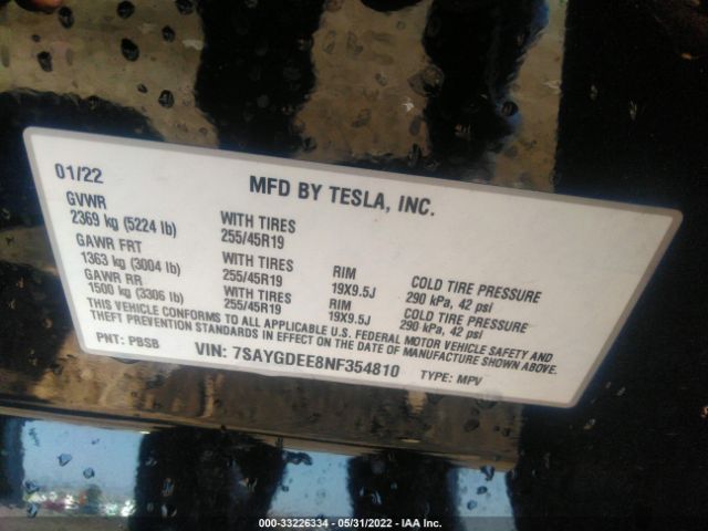 Photo 8 VIN: 7SAYGDEE8NF354810 - TESLA MODEL Y 