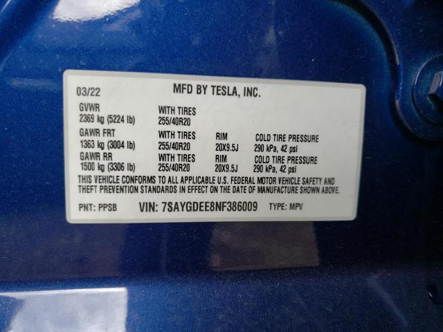 Photo 11 VIN: 7SAYGDEE8NF386009 - TESLA MODEL Y 