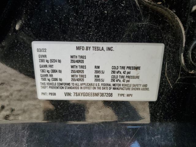 Photo 13 VIN: 7SAYGDEE8NF387208 - TESLA MODEL Y 