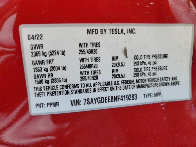 Photo 11 VIN: 7SAYGDEE8NF419283 - TESLA MODEL Y 