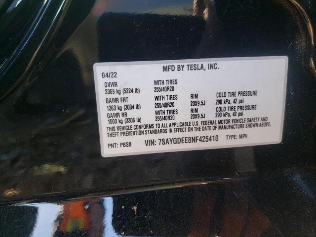 Photo 9 VIN: 7SAYGDEE8NF425410 - TESLA MODEL Y 