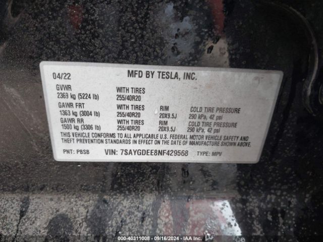 Photo 8 VIN: 7SAYGDEE8NF429568 - TESLA MODEL Y 