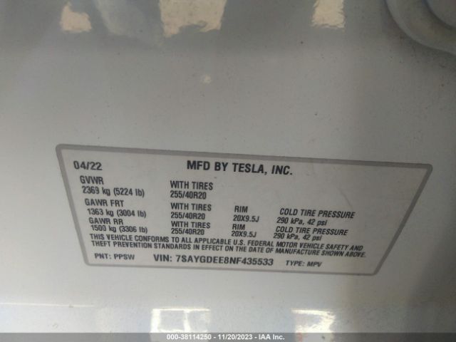 Photo 8 VIN: 7SAYGDEE8NF435533 - TESLA MODEL Y 