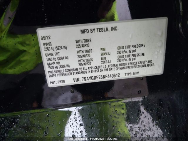 Photo 8 VIN: 7SAYGDEE8NF449612 - TESLA MODEL Y 