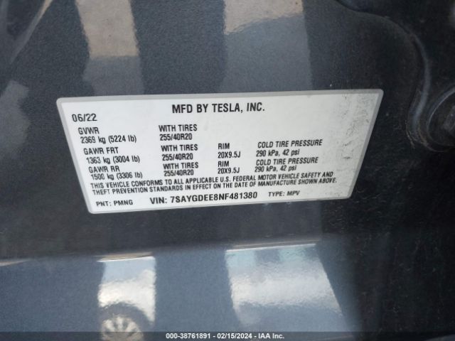 Photo 8 VIN: 7SAYGDEE8NF481380 - TESLA MODEL Y 