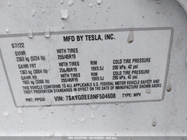 Photo 8 VIN: 7SAYGDEE8NF504608 - TESLA MODEL Y 