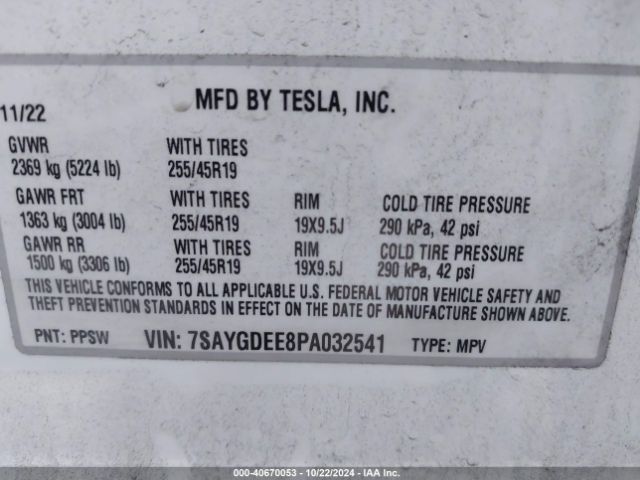 Photo 8 VIN: 7SAYGDEE8PA032541 - TESLA MODEL Y 