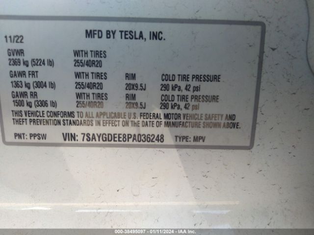 Photo 8 VIN: 7SAYGDEE8PA036248 - TESLA MODEL Y 