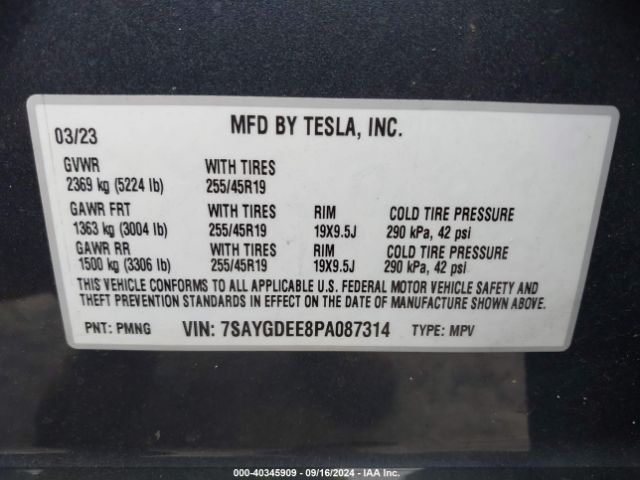 Photo 8 VIN: 7SAYGDEE8PA087314 - TESLA MODEL Y 