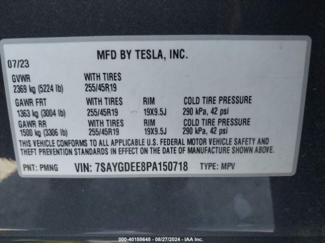 Photo 8 VIN: 7SAYGDEE8PA150718 - TESLA MODEL Y 