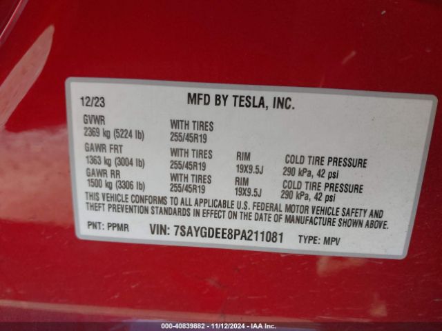 Photo 8 VIN: 7SAYGDEE8PA211081 - TESLA MODEL Y 