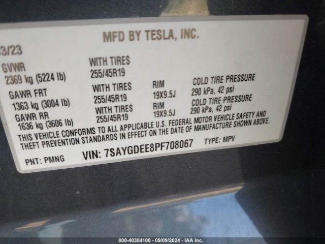 Photo 8 VIN: 7SAYGDEE8PF708067 - TESLA MODEL Y 