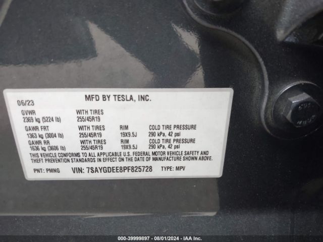 Photo 8 VIN: 7SAYGDEE8PF825728 - TESLA MODEL Y 