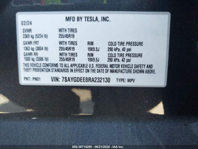 Photo 8 VIN: 7SAYGDEE8RA232130 - TESLA MODEL Y 