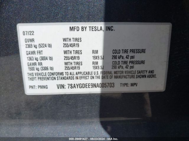 Photo 8 VIN: 7SAYGDEE9NA005703 - TESLA MODEL Y 