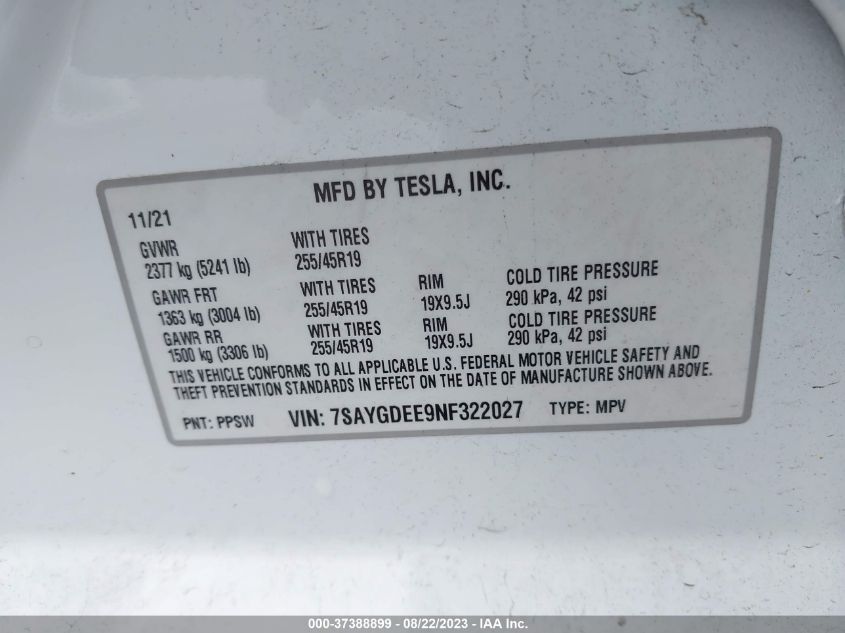 Photo 8 VIN: 7SAYGDEE9NF322027 - TESLA MODEL Y 