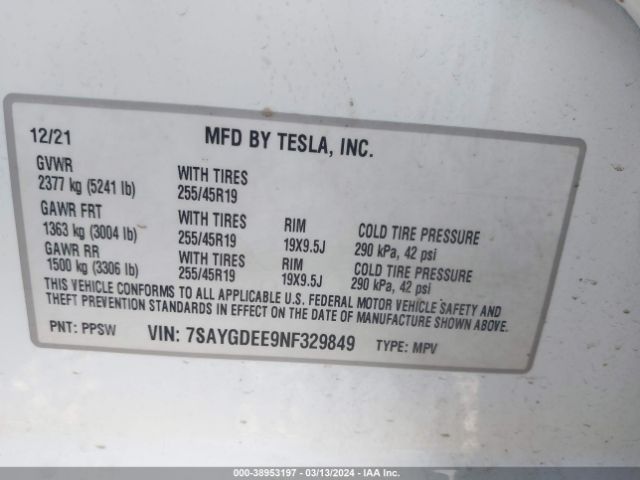 Photo 8 VIN: 7SAYGDEE9NF329849 - TESLA MODEL Y 