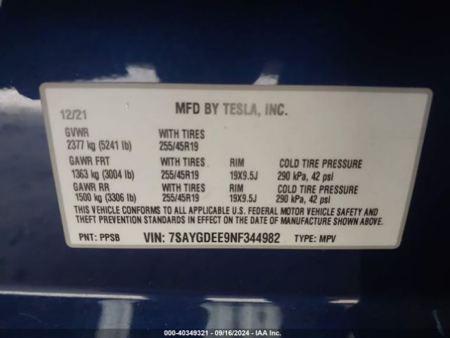 Photo 8 VIN: 7SAYGDEE9NF344982 - TESLA MODEL Y 