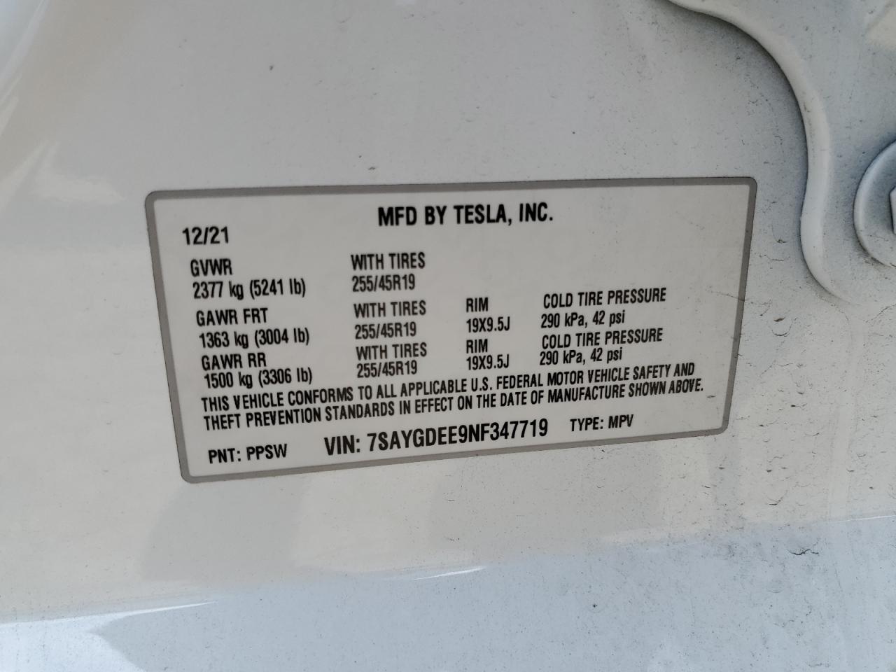 Photo 12 VIN: 7SAYGDEE9NF347719 - TESLA MODEL Y 