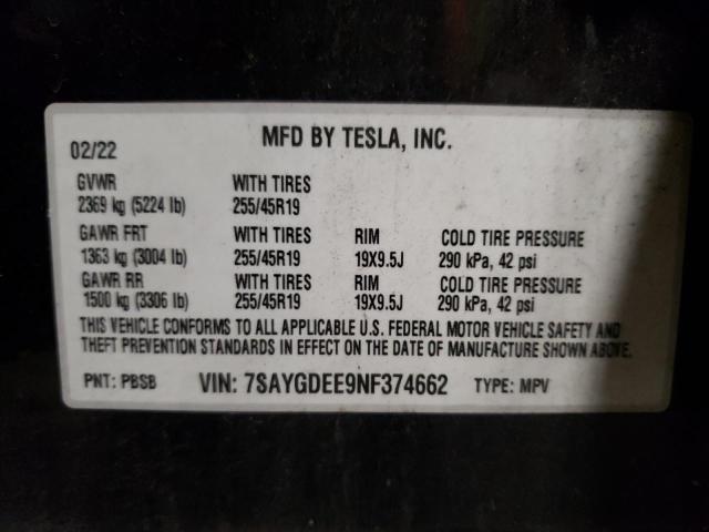 Photo 12 VIN: 7SAYGDEE9NF374662 - TESLA MODEL Y 