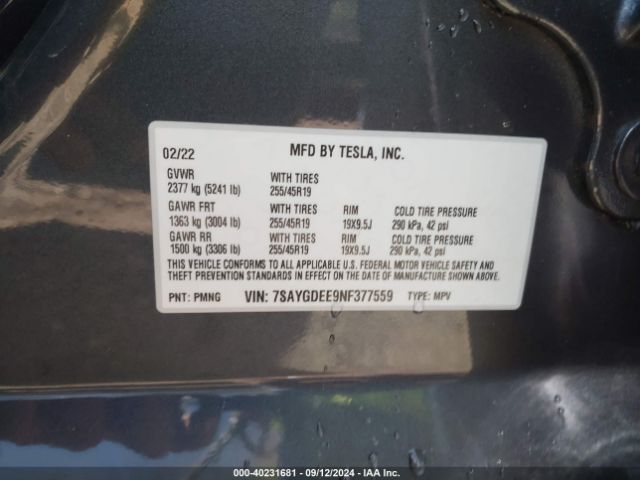 Photo 8 VIN: 7SAYGDEE9NF377559 - TESLA MODEL Y 