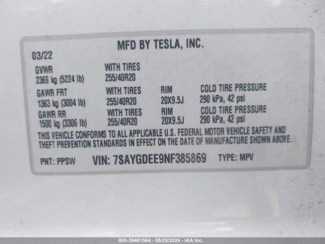 Photo 8 VIN: 7SAYGDEE9NF385869 - TESLA MODEL Y 