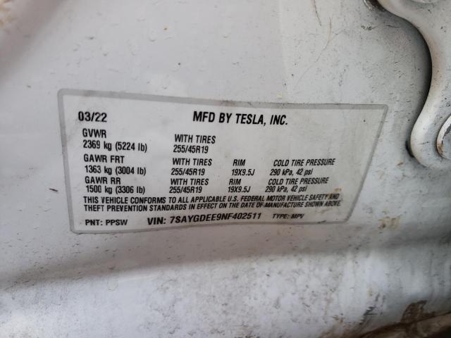 Photo 11 VIN: 7SAYGDEE9NF402511 - TESLA MODEL Y 